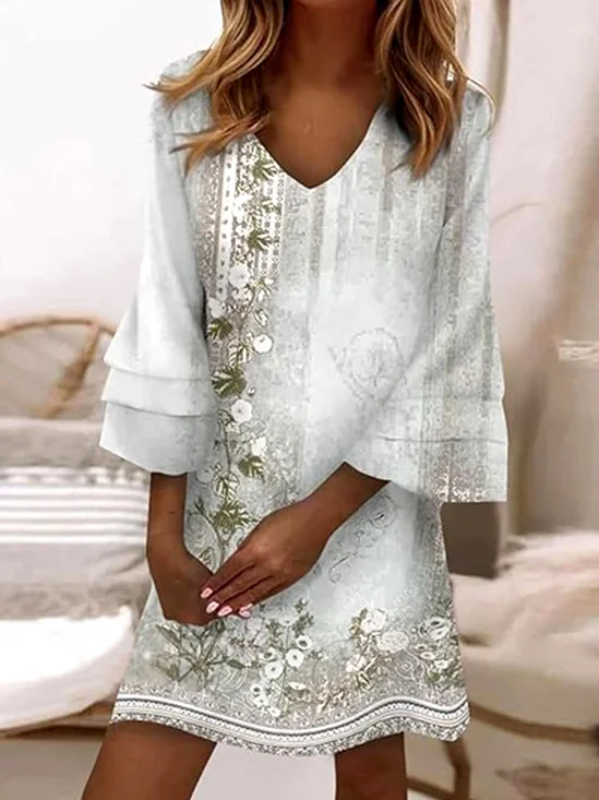 Femmes Floral Blanc Col V Confortable Mini Robe Décontracté