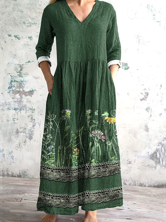 Femmes Floral Vert Col V Confortable Robe Maxi Décontracté