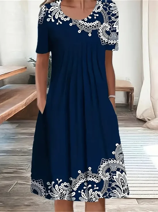 Femmes Floral Bleu Violacé Col Rond Confortable Imprimé Robe Mi-Longue Décontracté