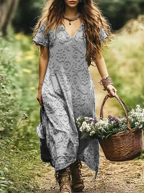 Femmes Floral Gris Col V Confortable Robe Maxi Décontracté