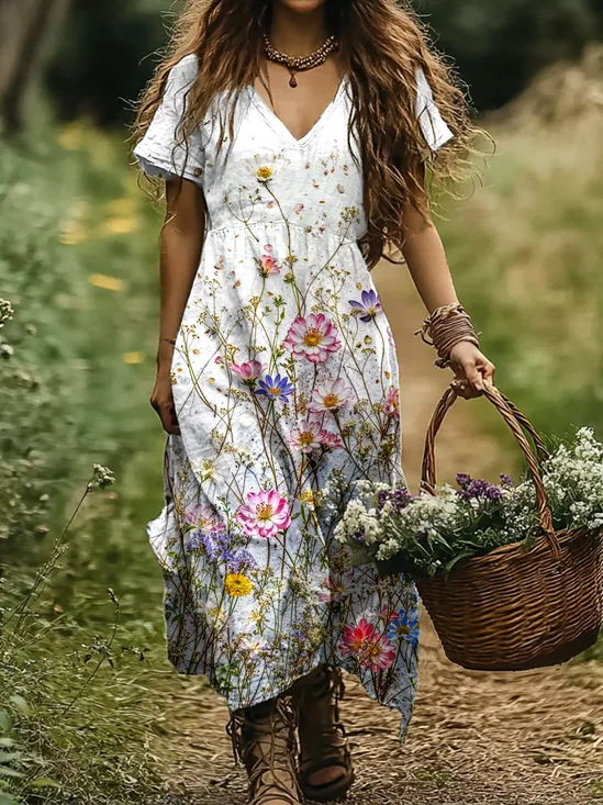 Femmes Floral Blanc Col V Confortable Robe Maxi Décontracté