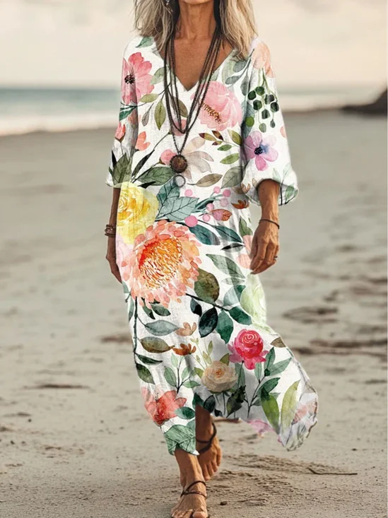 Femmes Floral Vert Col V Confortable Robe Maxi Rétro