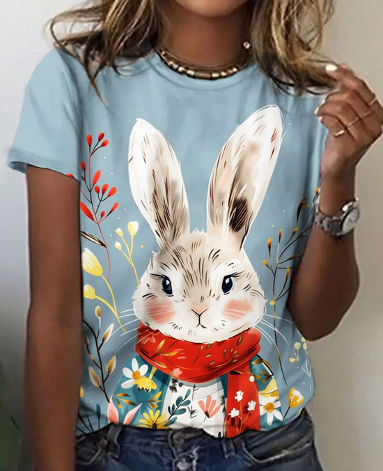 T-shirts Décontracté Été PÂQUES (lapin) Ample Jersey Manches Courtes Régulier Droit Régulier pour Femmes