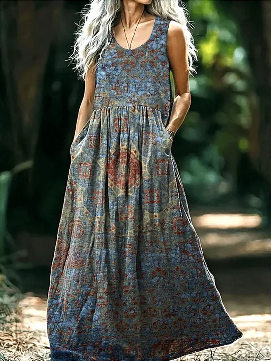 Femmes Géométrique Bleu Col V Confortable Robe Maxi Rétro