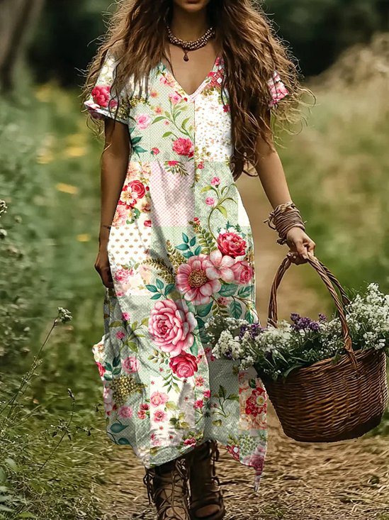 Femmes Floral Vert Clair Col V Confortable Robe Maxi Décontracté