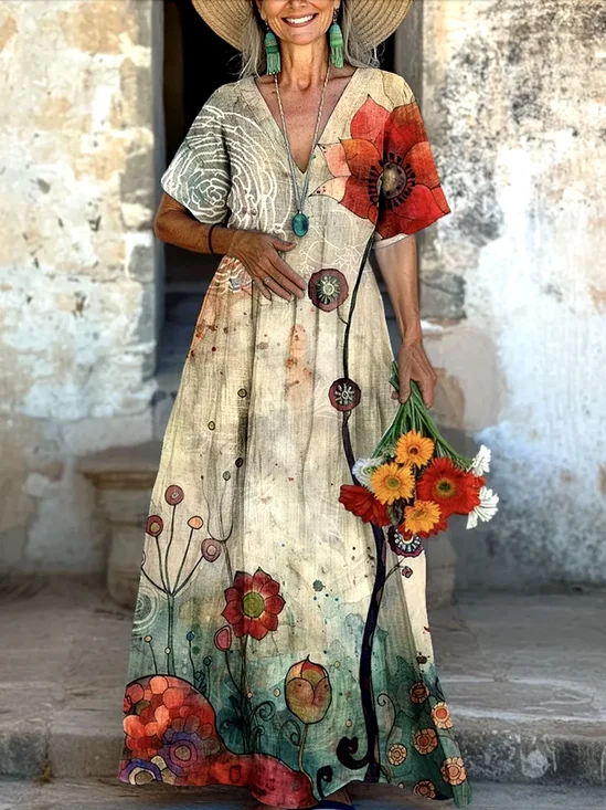 Femmes Floral Abricot Col V Confortable Robe Maxi Décontracté