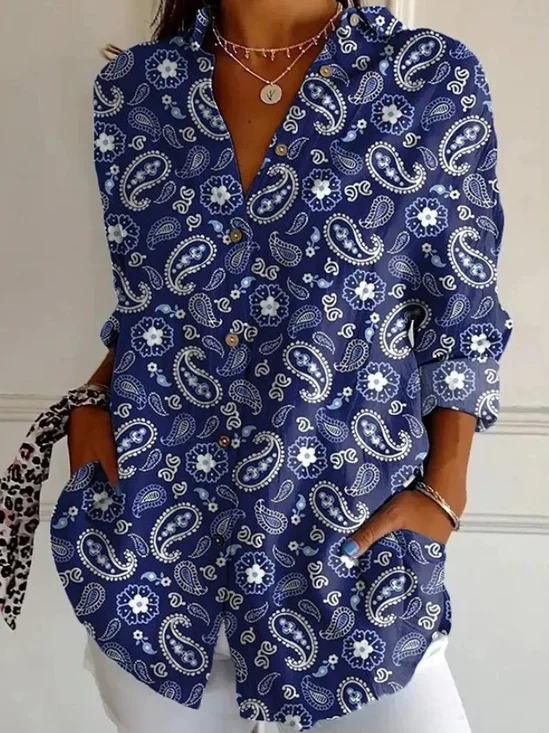 Chemises Femmes Décontracté Motif Cachemire Printemps / Automne Coton Sportif & De Plein Air Manches Longues Régulier Trapèze Régulier