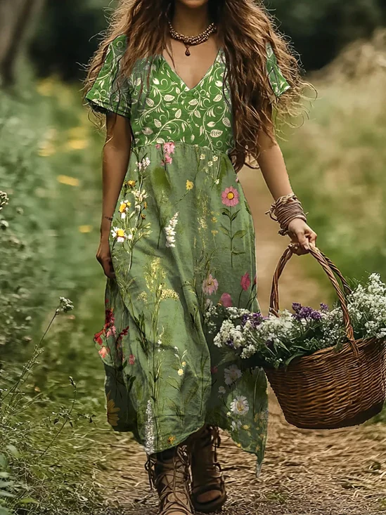 Femmes Floral Vert Col V Confortable Robe Maxi Décontracté