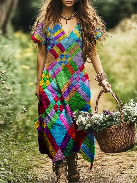 Femmes Géométrique Multicolore Col V Confortable Robe Maxi Décontracté