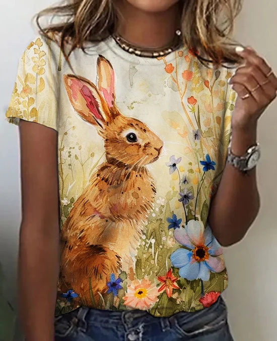 T-shirts Décontracté Été PÂQUES (lapin) Micro-élasticité Jersey Manches Courtes Col Rond Droit Régulier pour Femmes