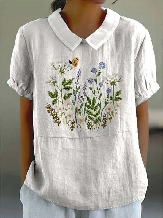 Blouses Simple Floral Été Polyester Aucune élasticité Ample Demi Manche Col Châle Régulier pour Femmes