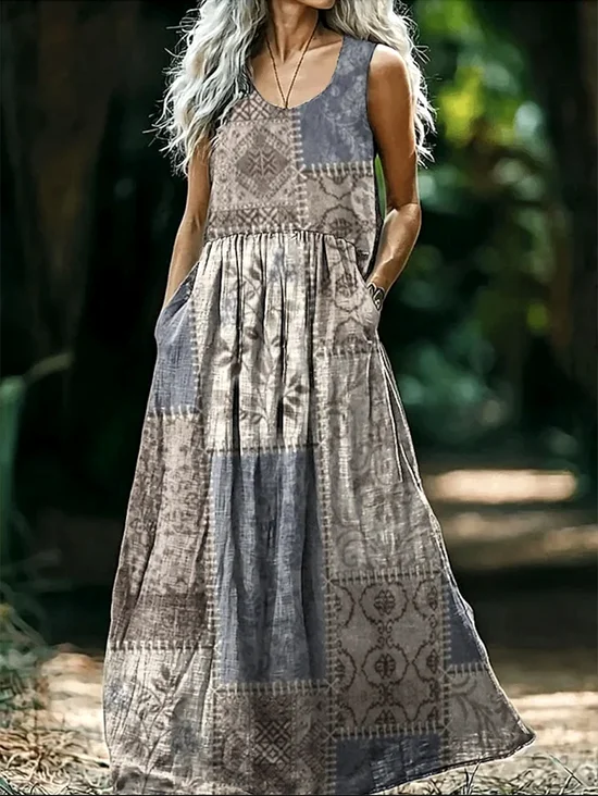 Femmes Géométrique Gris Clair Col Rond Confortable Robe Maxi Décontracté