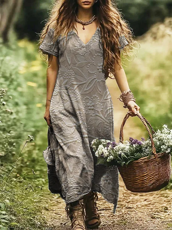 Femmes Géométrique Gris Clair Col V Confortable Robe Maxi Décontracté