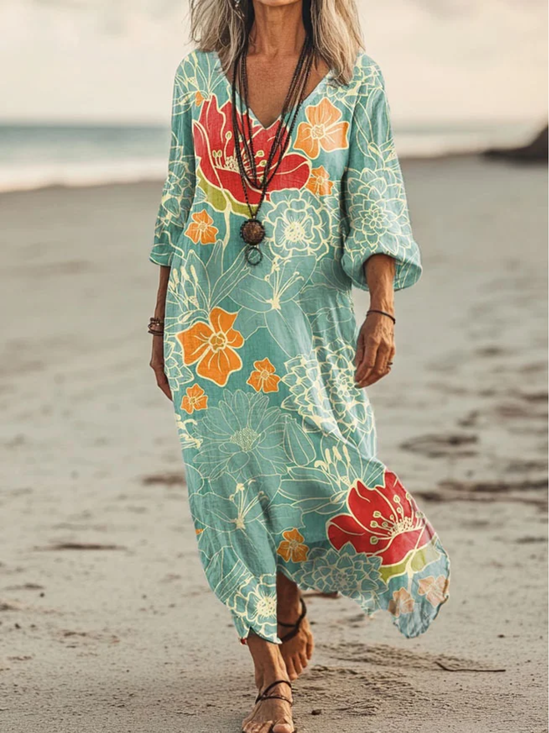 Femmes Floral Vert Col V Confortable Robe Maxi Rétro