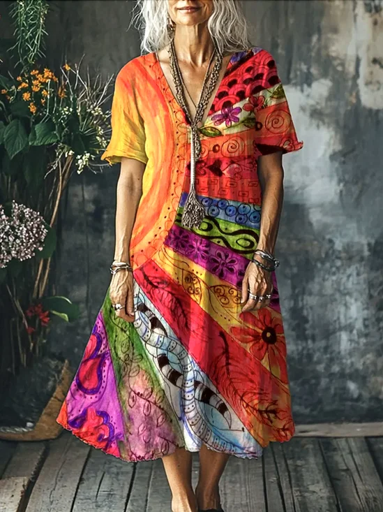 Femmes Géométrique Orange Col V Confortable Robe Maxi Décontracté