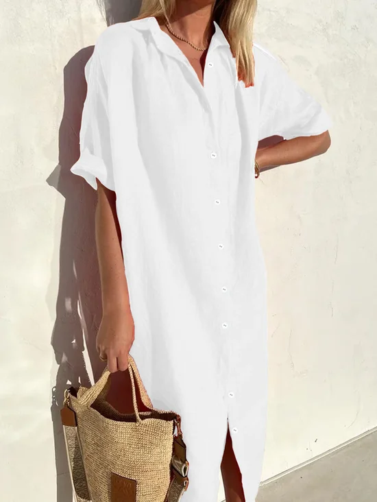 Femmes Plain Blanc Col de Chemise Confortable Imprimé Robe Maxi Décontracté