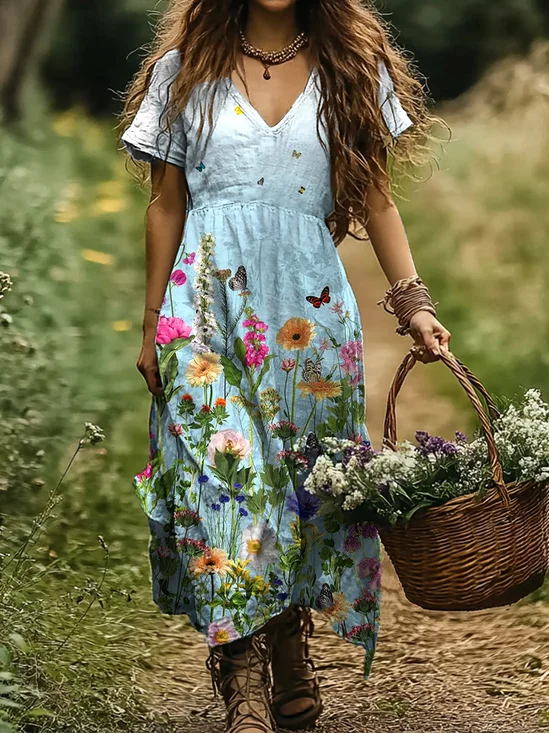 Femmes Floral Bleu Clair Col V Confortable Robe Maxi Décontracté