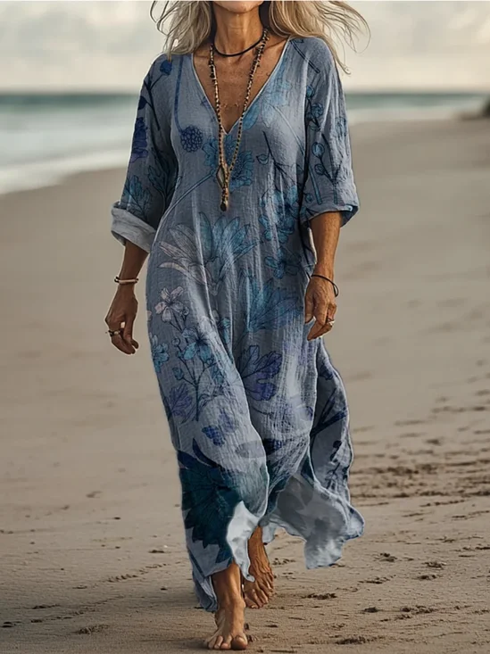 Femmes Floral Vert Col V Confortable Robe Maxi Rétro