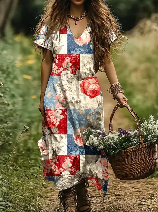 Femmes Floral Abricot Col V Confortable Robe Maxi Décontracté