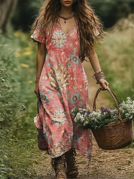 Femmes Floral Comme Image Col V Confortable Robe Maxi Décontracté
