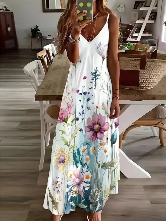 Femmes Floral Blanc Col V Confortable Imprimé Robe Maxi Décontracté