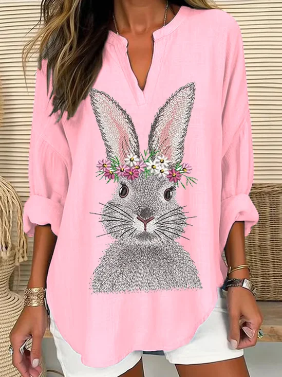 Blouses Femmes Décontracté Printemps / Automne PÂQUES (lapin) Col V Aucune élasticité Quotidien Ample en Mélangé de Coton Régulier