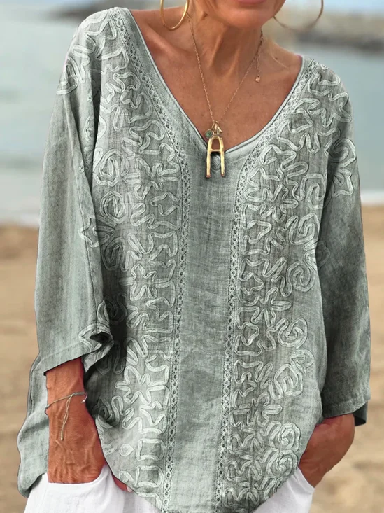 T-shirts Géométrique Décontracté Printemps / Automne Coton Col V Quotidien Manches Longues Régulier Régulier pour Femmes