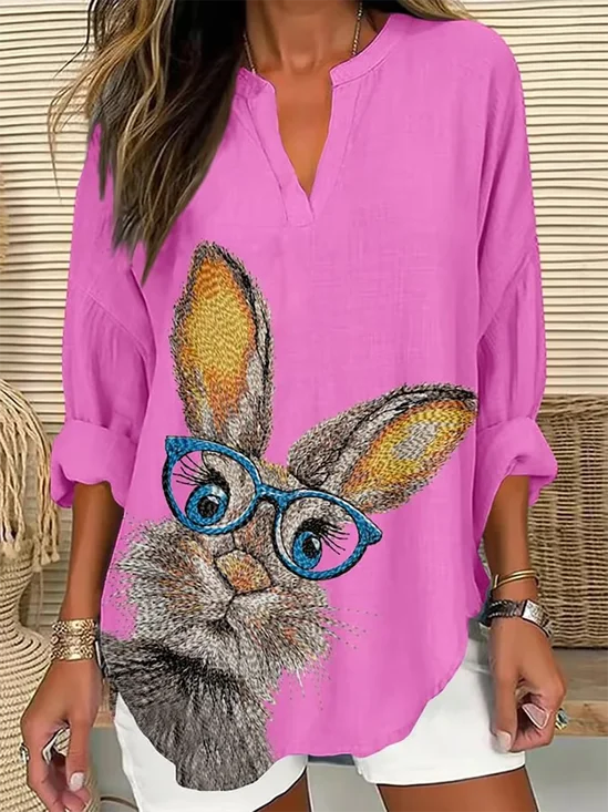 Blouses Femmes Décontracté Printemps / Automne PÂQUES (lapin) Col V Quotidien Ample Manches Longues en Mélangé de Coton Régulier