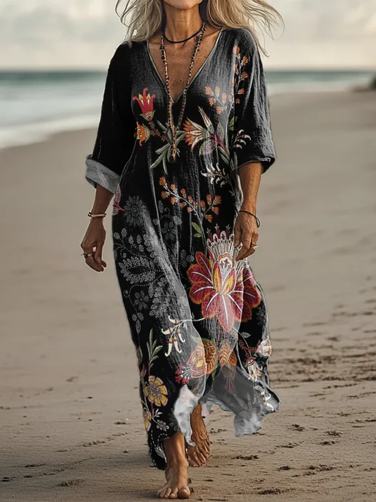 Femmes Floral Vert Col V Confortable Robe Maxi Rétro