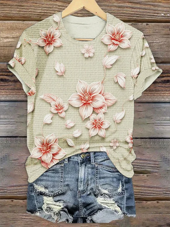 T-shirts Décontracté Floral Été Coton Micro-élasticité Manches Courtes Régulier Trapèze Régulier pour Femmes