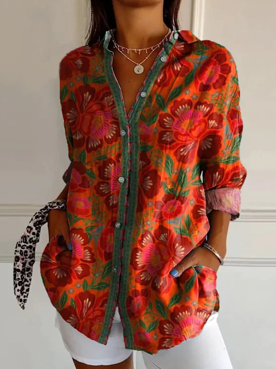 Chemises Décontracté Floral Printemps / Automne Coton Micro-élasticité Quotidien Manches Longues Régulier Col de Chemise pour Femmes