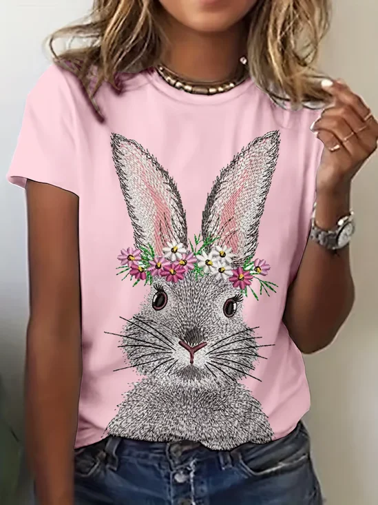 T-shirts Décontracté Été PÂQUES (lapin) Micro-élasticité Jersey Manches Courtes Col Rond Droit Régulier pour Femmes