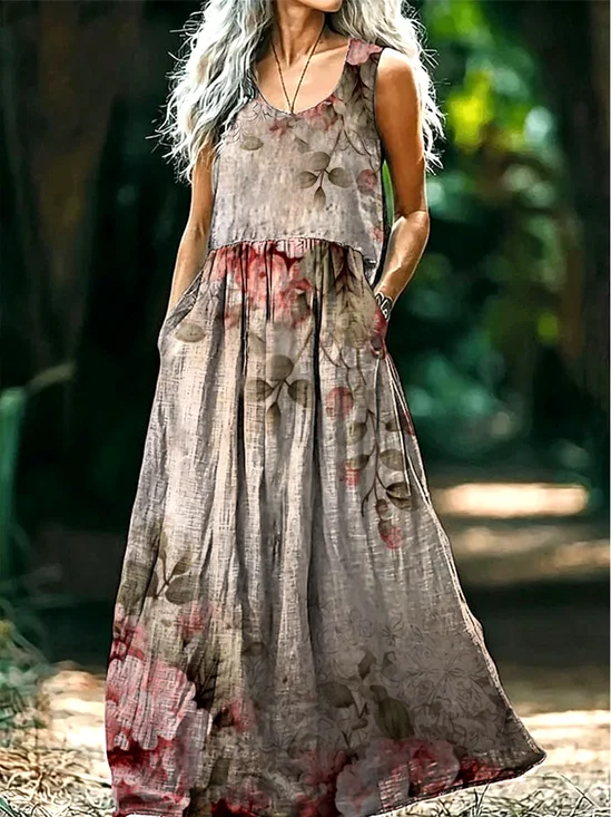 Femmes Floral Brun Clair Col V Confortable Robe Maxi Décontracté