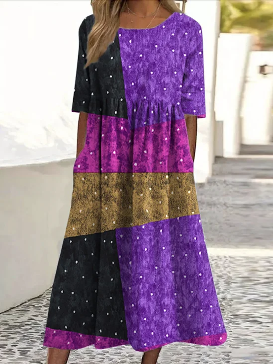 Femmes Géométrique Violet Col Rond Confortable Robe Maxi Décontracté