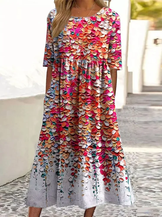 Femmes Floral Rouge Col Rond Confortable Robe Maxi Décontracté