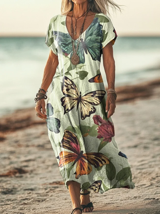 Femmes Floral Comme Image Col V Confortable Robe Maxi Décontracté
