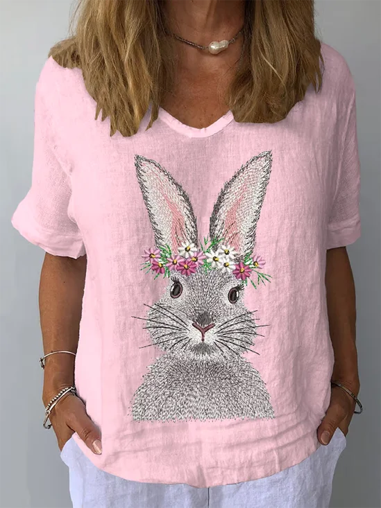 Blouses Décontracté Été PÂQUES (lapin) Coton Quotidien Manches Courtes Col Rond Régulier Droit pour Femmes