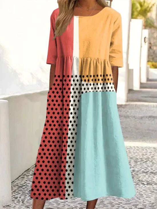 Femmes Bloc de Couleur Comme Image Col Rond Confortable Robe Maxi Décontracté