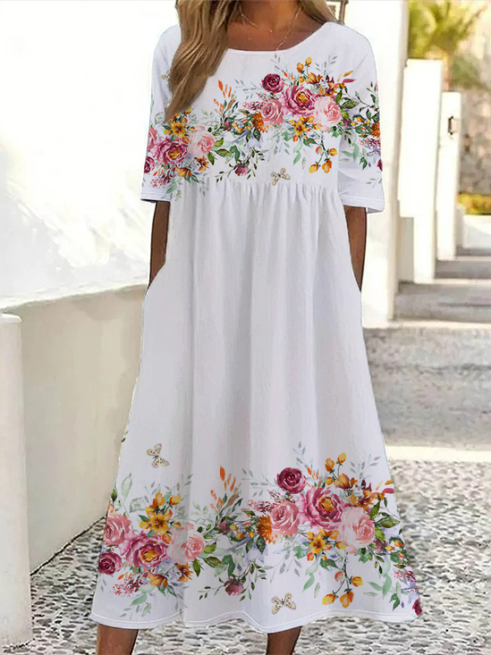 Femmes Floral Blanc Col Rond Confortable Imprimé Robe Maxi Décontracté