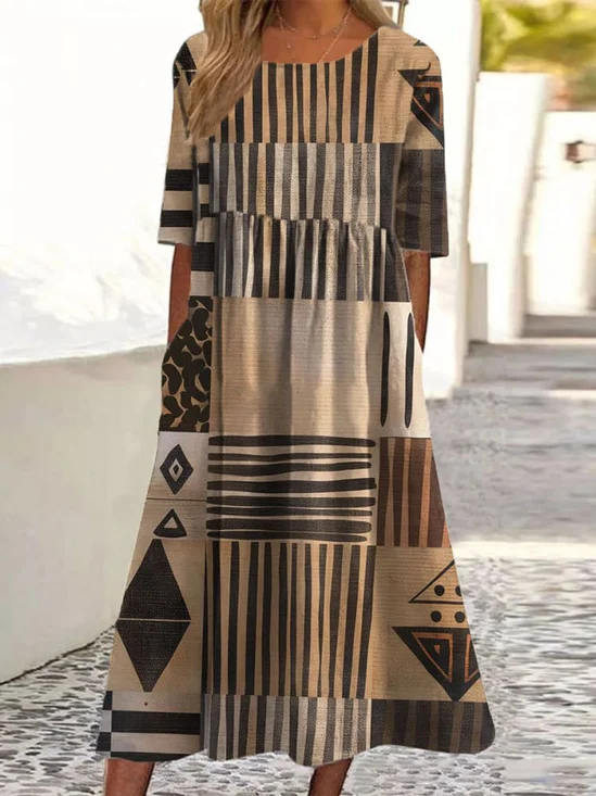 Femmes Géométrique Brun Col Rond Confortable Robe Maxi Décontracté