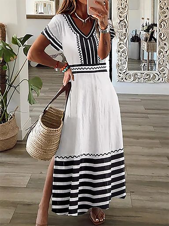 Femmes Rayé Comme Image Col V Confortable Imprimé Robe Maxi Décontracté