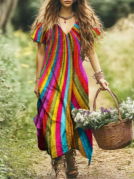 Femmes Géométrique Multicolore Col V Confortable Robe Maxi Décontracté