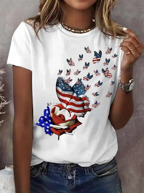 T-shirts Décontracté Été Le jour de l'indépendance (Drapeau) Micro-élasticité Quotidien Jersey Régulier Droit Régulier pour Femmes