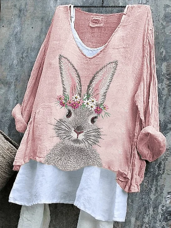 T-shirts Femmes Rétro Printemps / Automne PÂQUES (lapin) Col V Micro-élasticité Quotidien Ample Manches Longues Trapèze