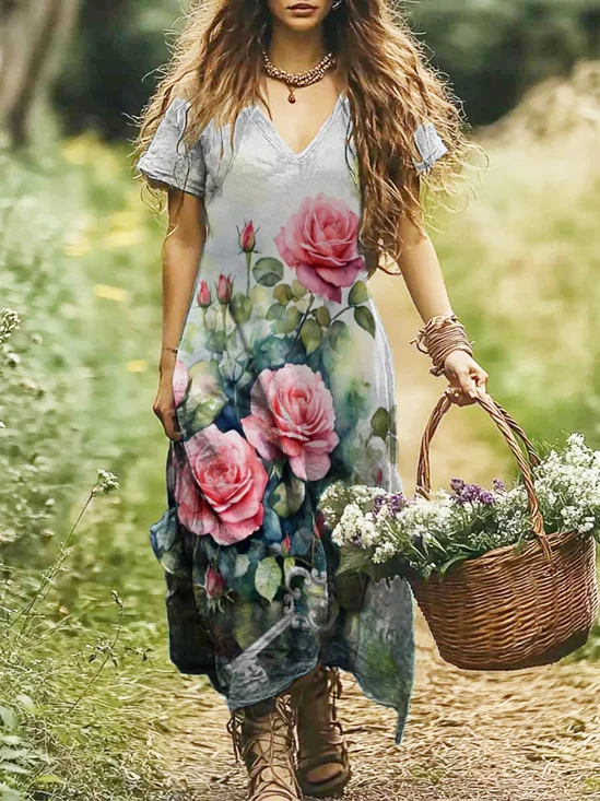 Femmes Floral Gris Clair Col V Confortable Robe Maxi Décontracté