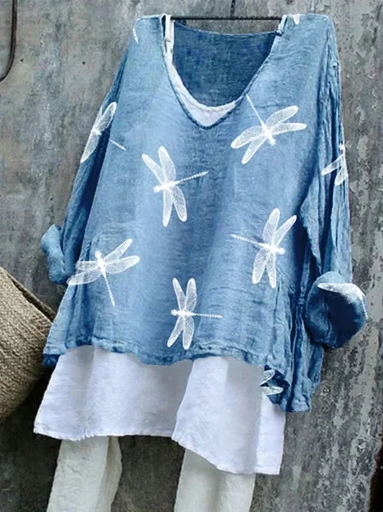 T-shirts Femmes en Lin Imprimé d'Animal Printemps / Automne Coton Col V Quotidien Manches Longues Trapèze Régulier