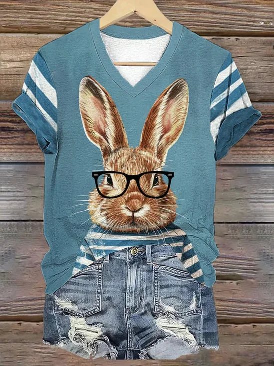 T-shirts Femmes Décontracté Été PÂQUES (lapin) Col V Micro-élasticité Manches Courtes en Mélangé de Coton Trapèze Régulier