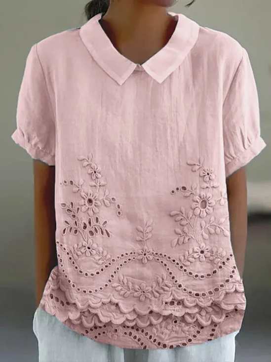 Blouses Femmes Décontracté Plain Été Coton Ample Demi Manche Col Châle Droit Régulier
