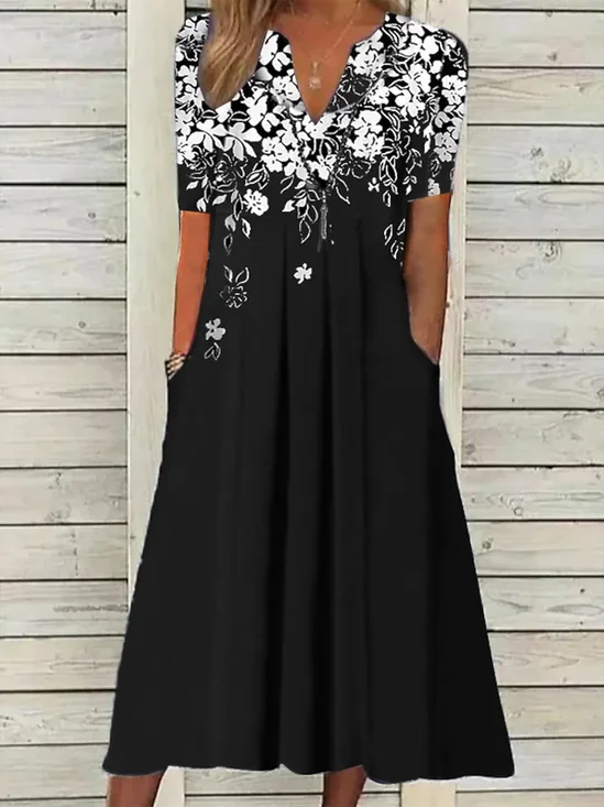 Femmes Floral Noir Col V Confortable Imprimé Robe Maxi Décontracté