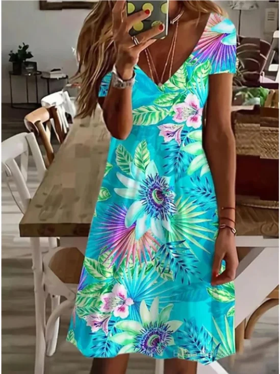 Femmes Floral Vert Col V Confortable Robe Mi-Longue Décontracté